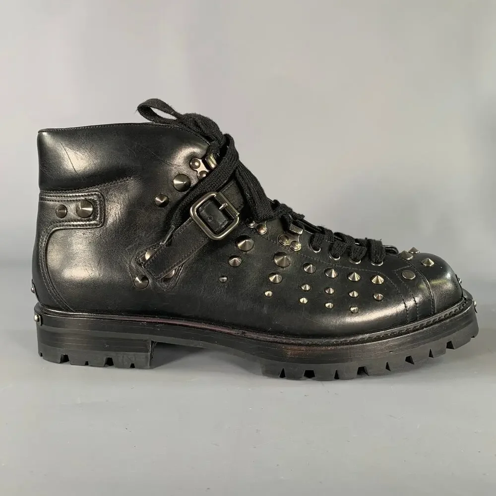 PRADA Size 12 Black Studded Leather Ankle Boots